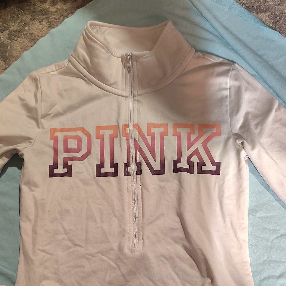 PINK Victoria's Secret White Half-Zip Sweatshirt with Gradient Logo